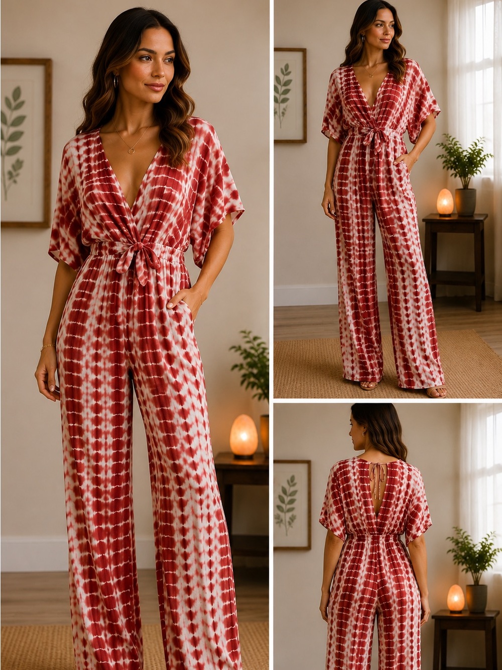 SHEIN Red and White Tie-Dye Front-Tie Jumpsuit